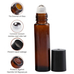 Load image into Gallery viewer, roll on bottles , glass roll on , 10 ml bottles , glass bottles , roll on bottles , black cap roll on bottles , amber color roll on bottles , glass roll on , 10 ml roll on , bottles for lip balm , essential oil bottles , fragrance oil bottles , roll on amber color
