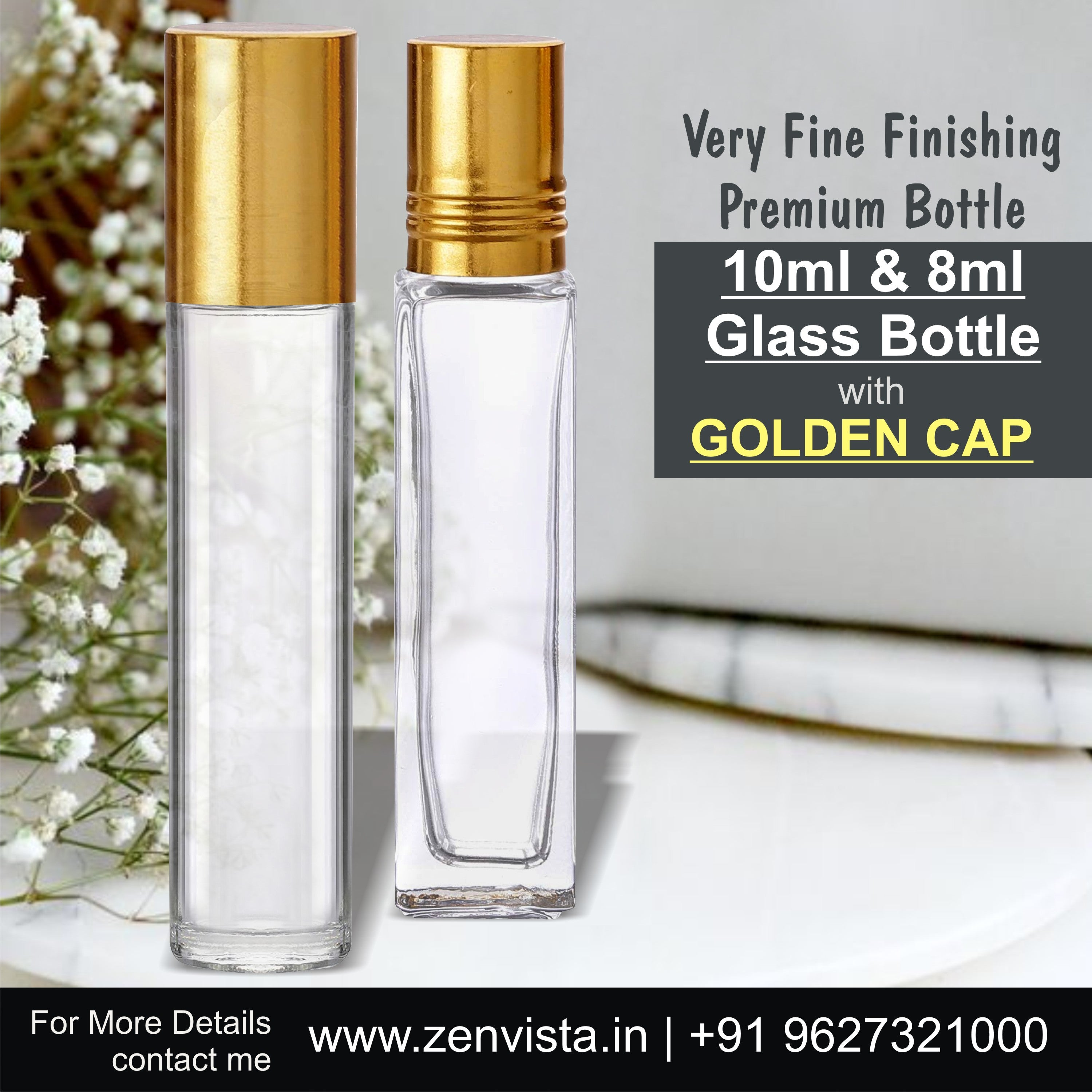 TRANSPARENT GLASS ROLL ON BOTTLE, SQUARE SHAPE - 8ml |ZMG25|