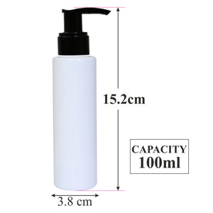 milky white color , empty color bottles , black color dispenser pump , 100 ml empty white color bottles , black color dispenser pump , pet bottle  empty  cosmetics bottles , bottles for lotion , shampoo bottles , reusable , refillable .