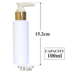 Load image into Gallery viewer, zenvista 100ml empty plastic bottle with gold plated white dispencer pump cap for lotion serum oils  kitchen oils  essential oils  bottle round  bottle milky white  bottle for cosmetics
