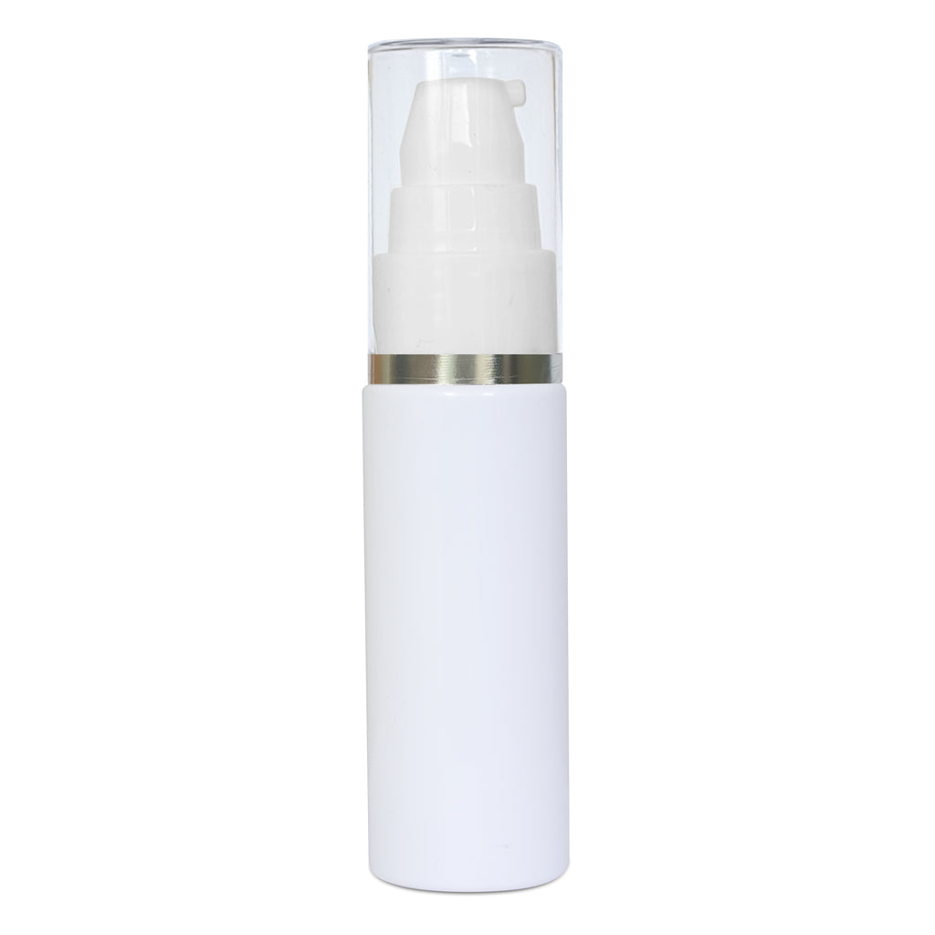 white pet bottle with silver streak lotion pump