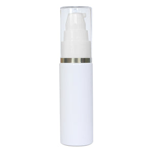 white pet bottle with silver streak lotion pump