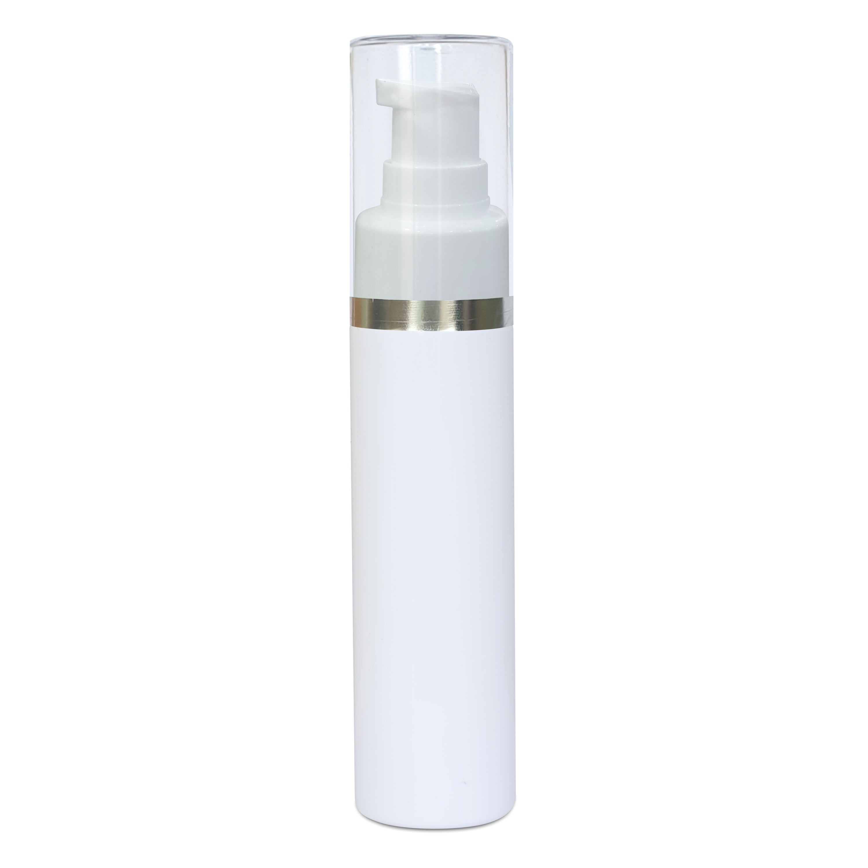 white pet bottle with silver streak lotion pump