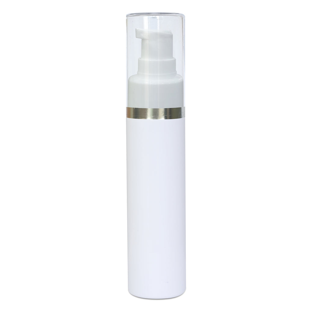 white pet bottle with silver streak lotion pump