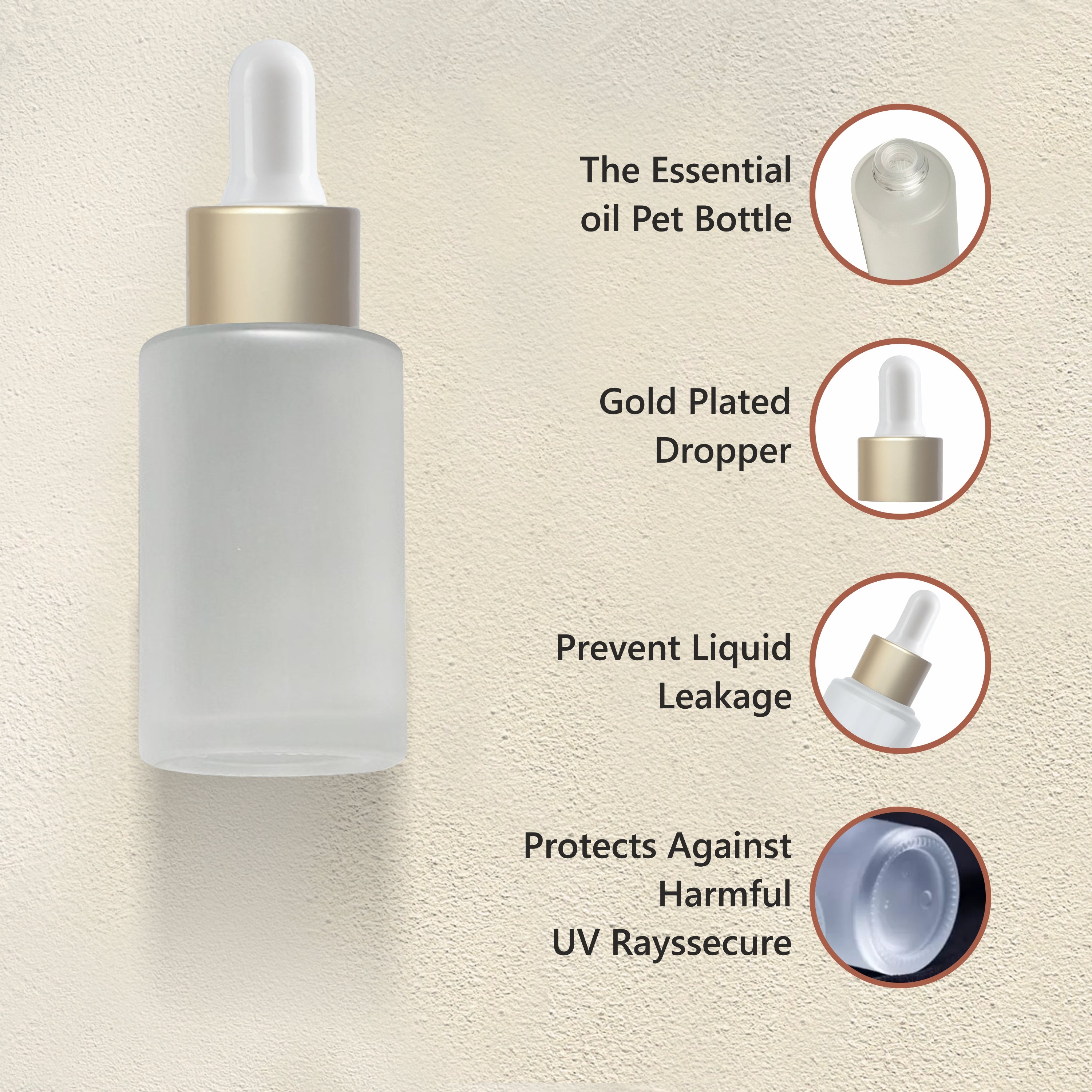 FROSTED GLASS BOTTLE WITH GOLD PLATED DROPPER [ZMG42]  25ML, 30ML , 50 ML