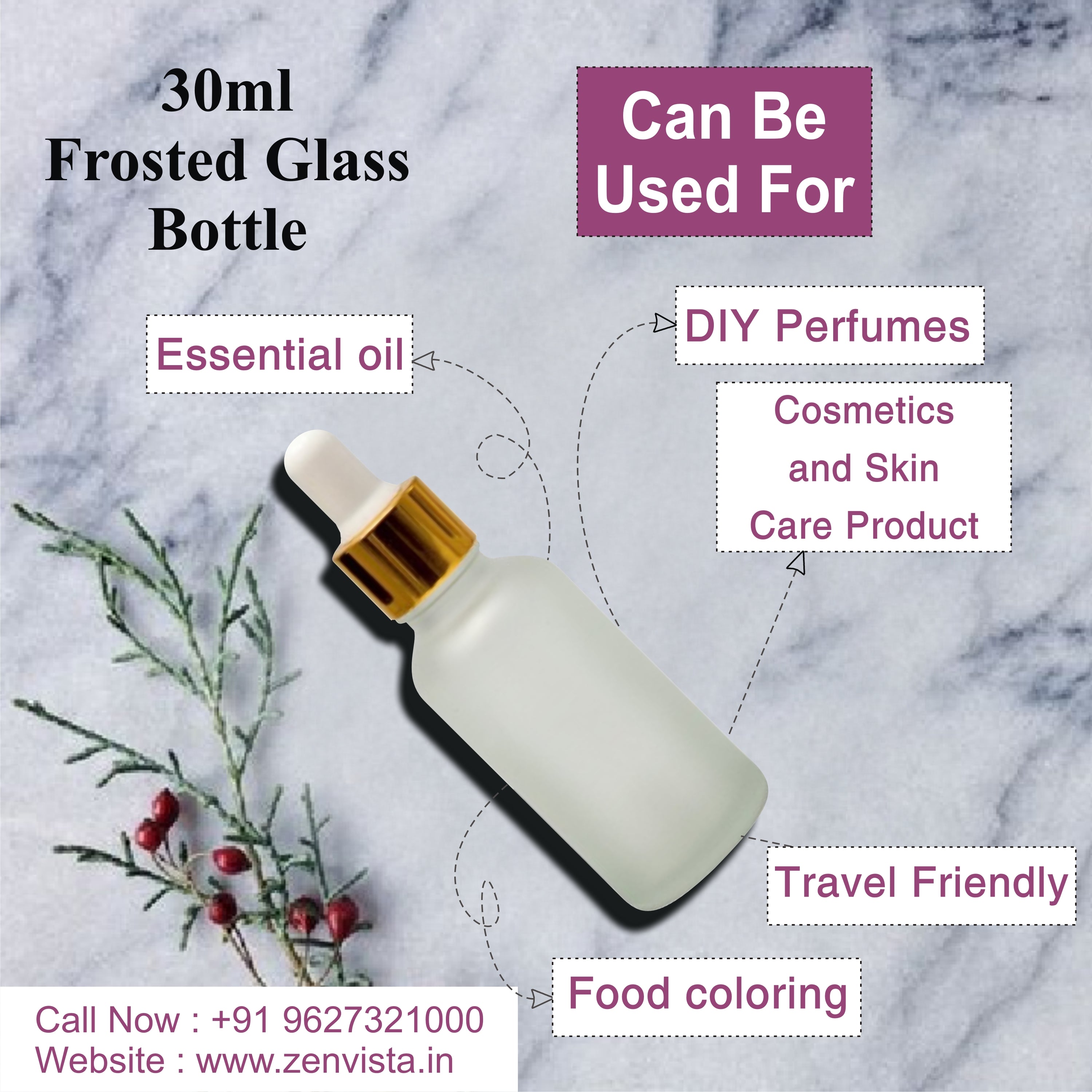 Transparent Frosted Glass Bottle with Golden Plated Dropper| 15ml, 25ml & 30ml [ZMG01]