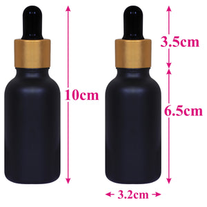 black glass , glass black color bottles , 30ml black droppers , gold plated black droppers , droppers for essential oils , glass droppers , black frosted glass, gold plated black droppers , 30 ml droppers .