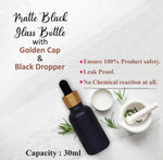 Load image into Gallery viewer, black glass , glass black color bottles , 30ml black droppers , gold plated black droppers , droppers for essential oils , glass droppers , black frosted glass, gold plated black droppers , 30 ml droppers .
