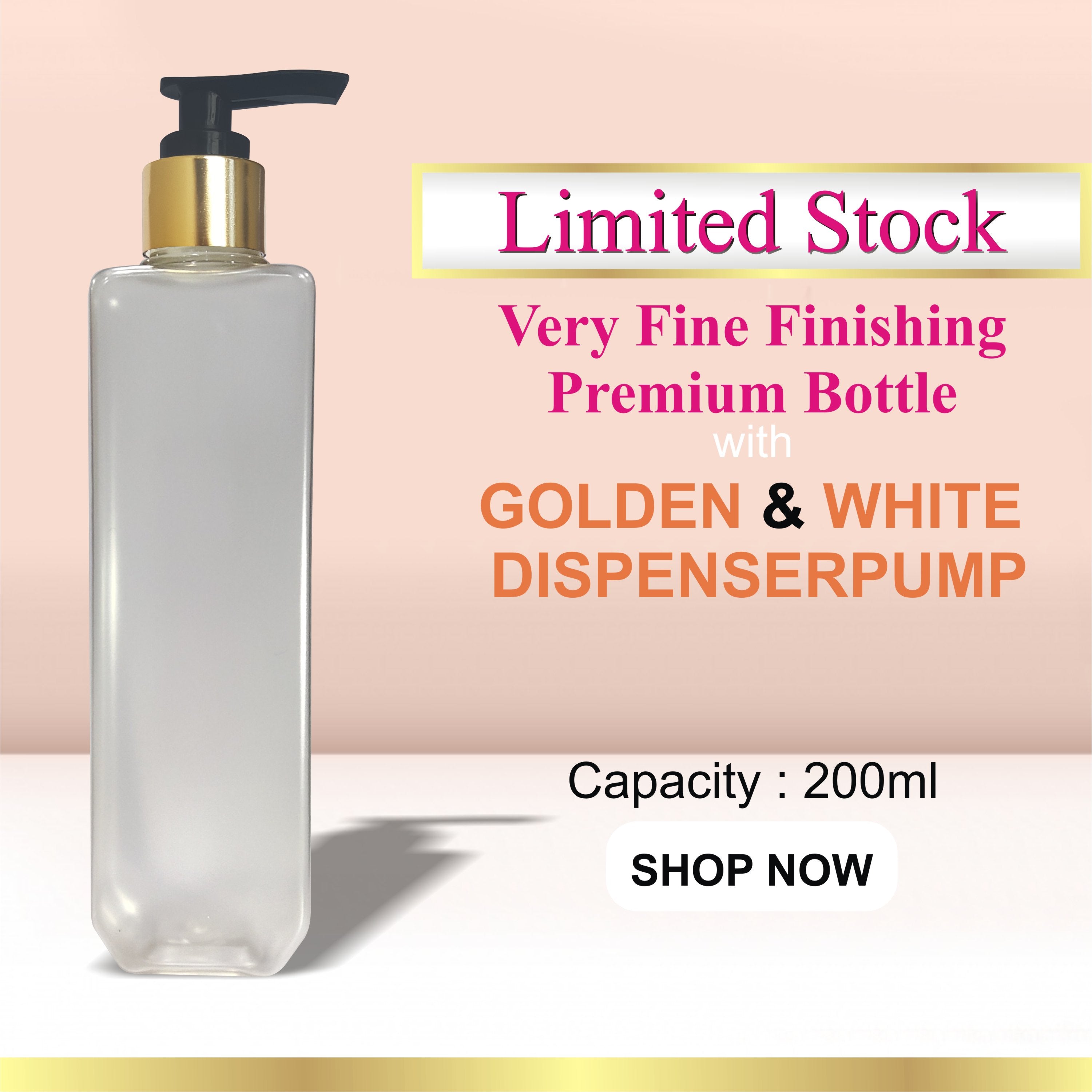 frosted empty bottles , bottles with dispenser pump , black dispenser pump ,, refillable , gold plated black dispenser, frosted glass bottles , cosmetic packagings , 200 ml empty bottles , shampoo bottles , body wash bottles.