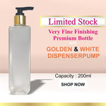 Load image into Gallery viewer, frosted empty bottles , bottles with dispenser pump , black dispenser pump ,, refillable , gold plated black dispenser, frosted glass bottles , cosmetic packagings , 200 ml empty bottles , shampoo bottles , body wash bottles.
