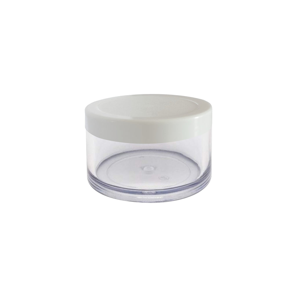 transparent jars with white cap , acrylic shan jars , white color transparent jars , transparent shan jars , 8 gm , 15gm , 30gm , 50gm , 100gm jars ., jars for cream , lotion jars , lip balm jars , premium jars , cream jars