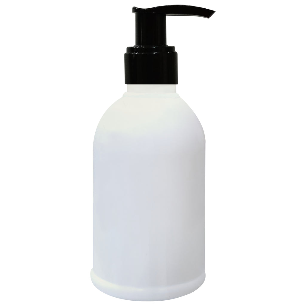milky white color , empty color bottles , black color dispenser pump , 200 ml empty white color bottles , black color dispenser pump , pet bottle empty cosmetics bottles , bottles for lotion , shampoo bottles , reusable , refillable .