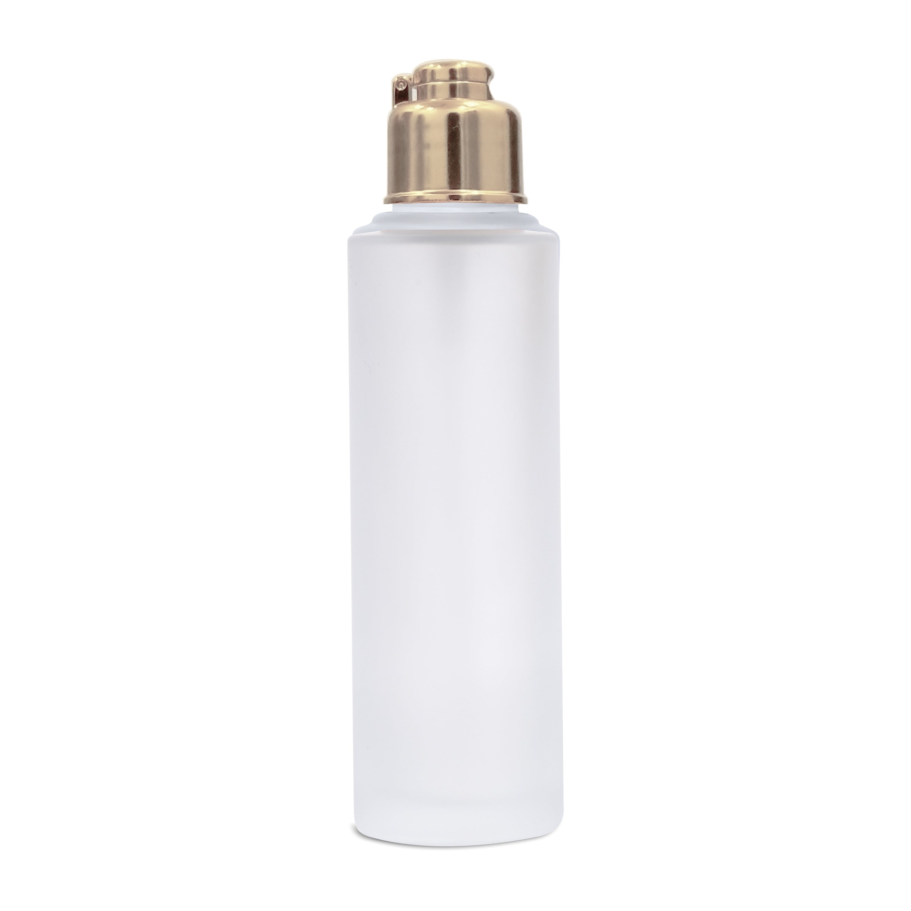 |ZMG43|  FLAT SOLDER FROSTED GLASS BOTTLE WITH GOLD PLATED LOCKET CAP Available Size: 25ml, 30ml, 50ml, 100ml