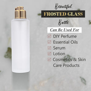 |ZMG43|  FLAT SOLDER FROSTED GLASS BOTTLE WITH GOLD PLATED LOCKET CAP Available Size: 25ml, 30ml, 50ml, 100ml