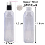 Load image into Gallery viewer, zenvista transparent bottles , 200ml empty transparent bottles , empty transparent applicator bottles , bottles with applicator cap , black applicator cap , empty bottles with black applicator cap , inner plug applicator cap, 200ml black applicator cap bottles .
